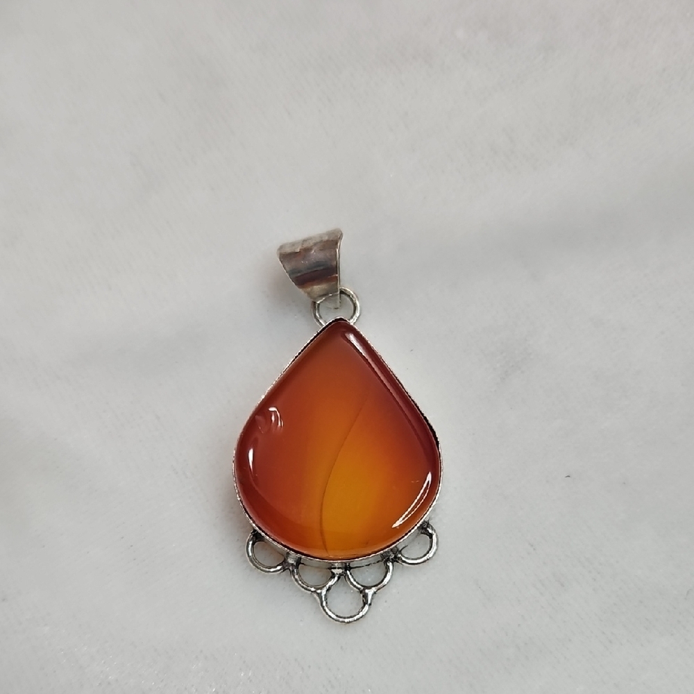 Orange Carnelian Teardrop Natural Gemstone Necklace Pendant Sterling Plated